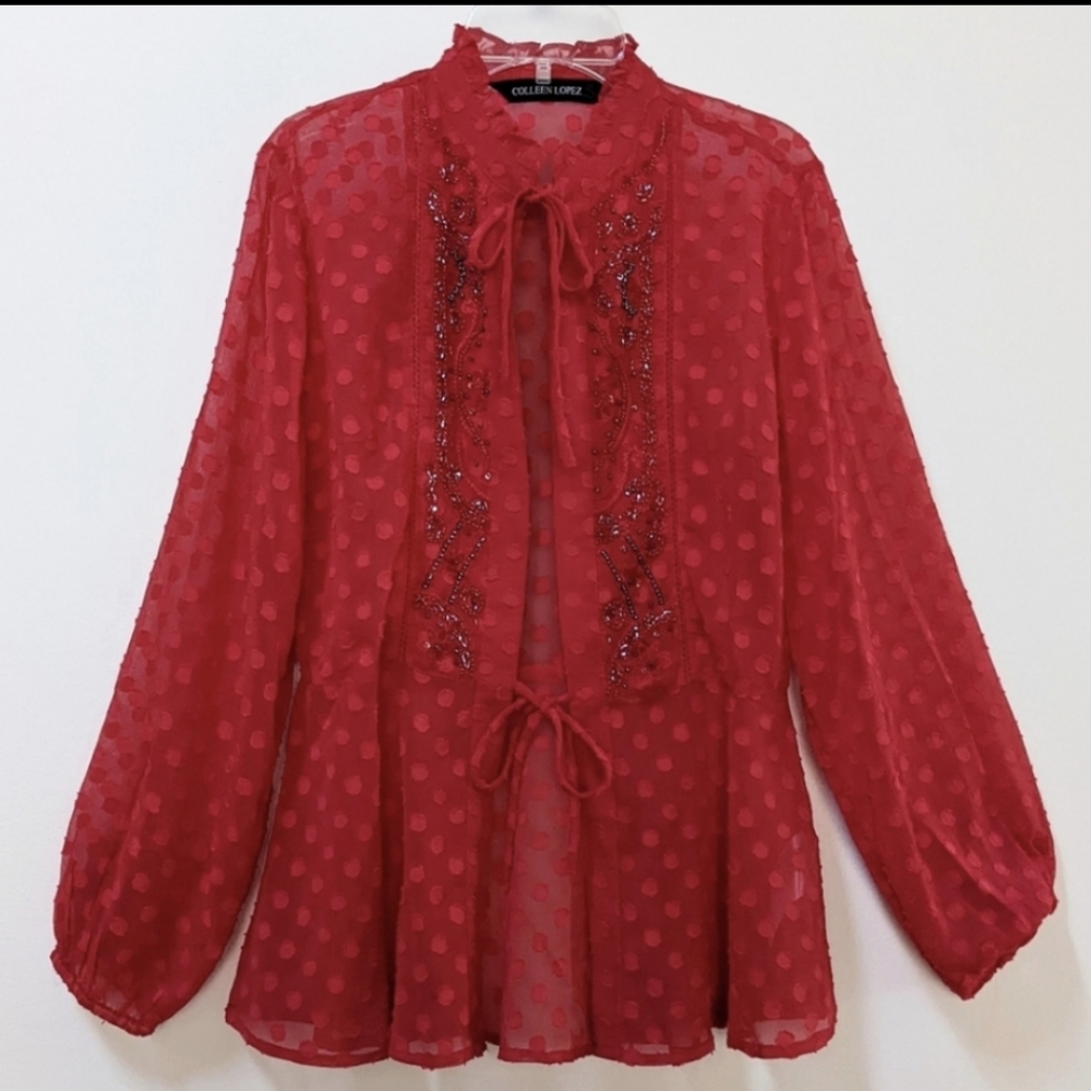 Colleen Lopez HSN Blouse Topper Red Chiffon Sheer Polka-a-dots Long Slee…